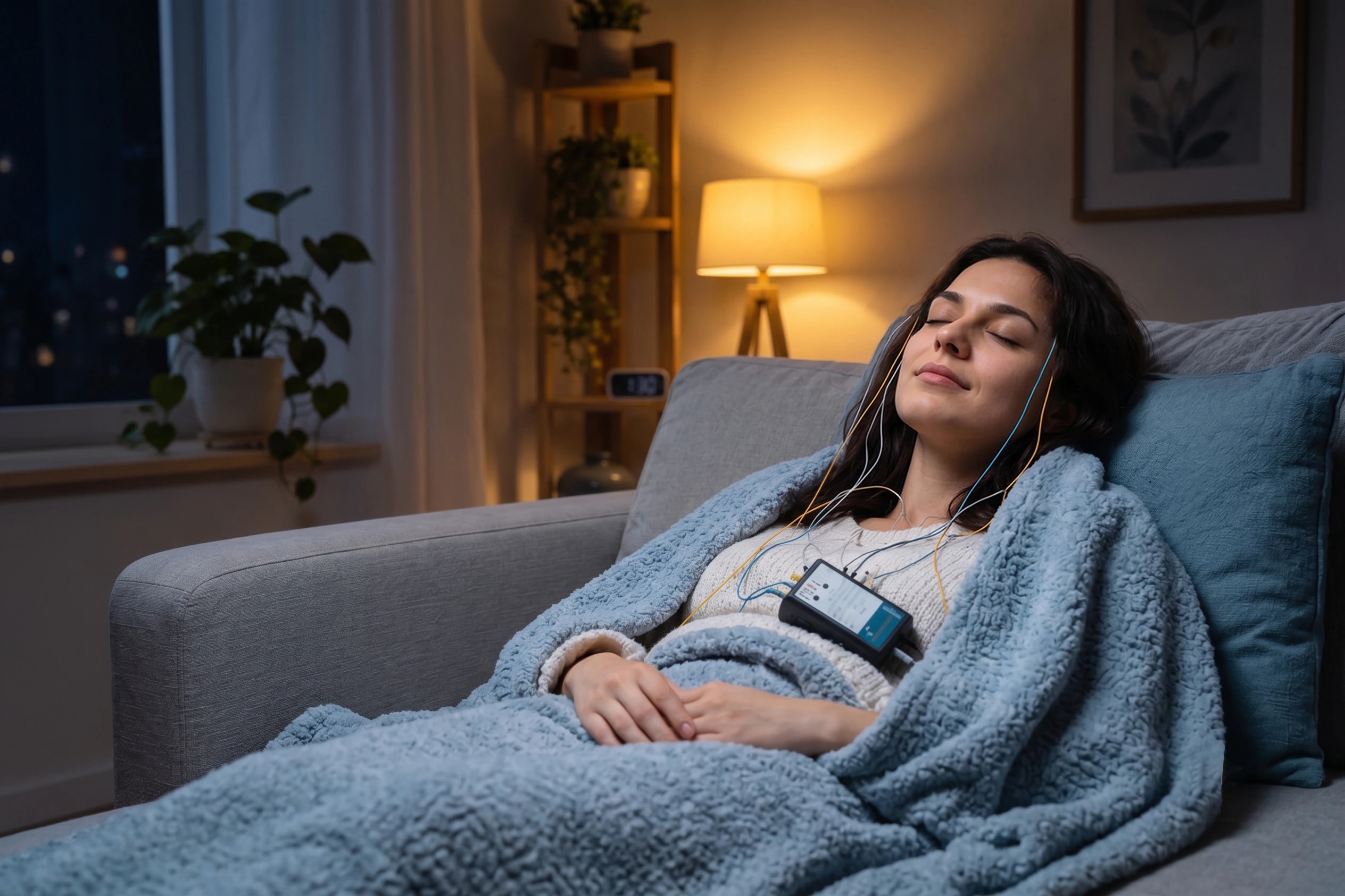 A woman relaxing on a sofa during a NeurOptimal neurofeedback session
