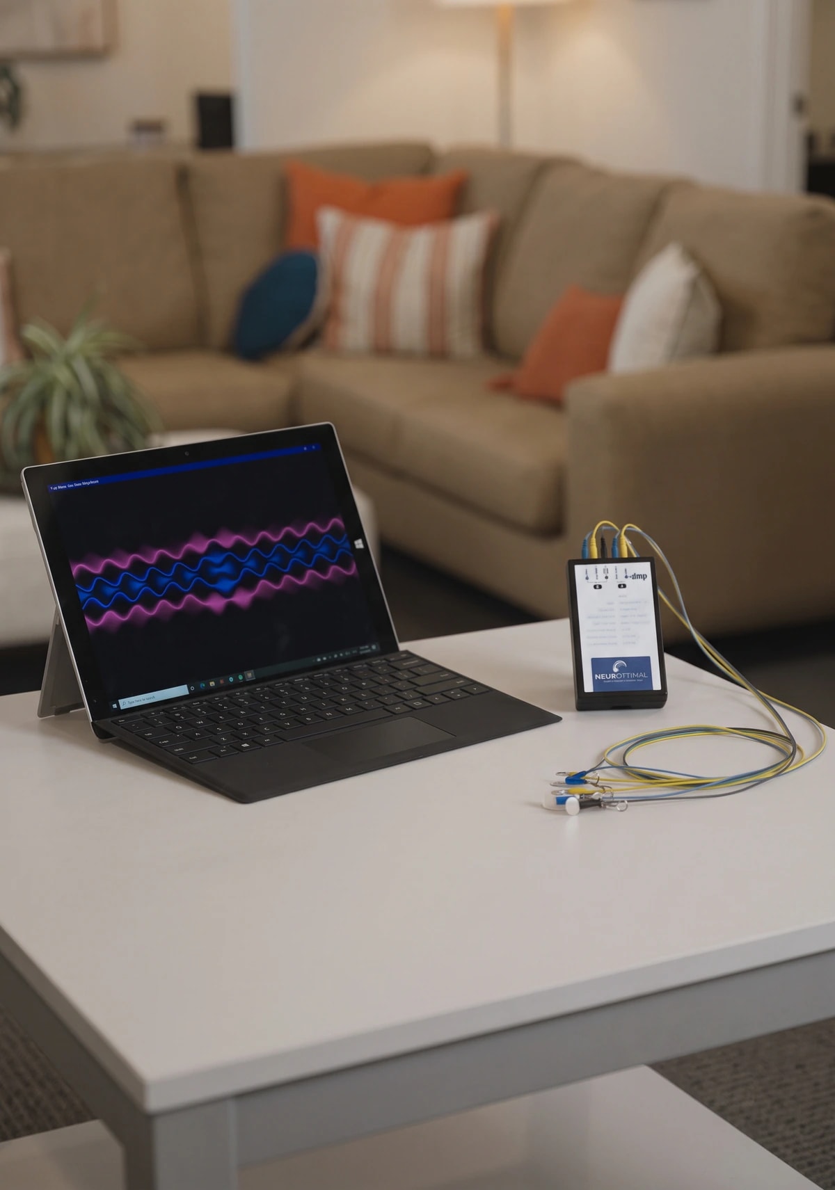NeurOptimal neurofeedback equipment set up on a table at home