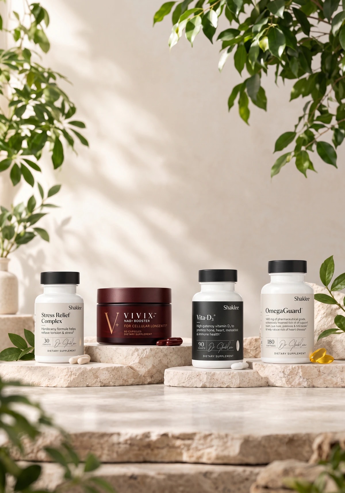 Shaklee wellness supplement bottles on a stone display